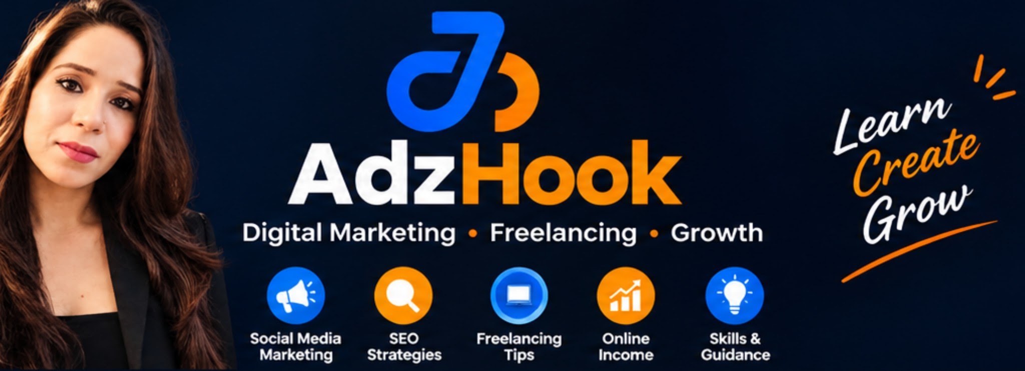 Adzhook YouTube channel banner — digital marketing, freelancing and growth
