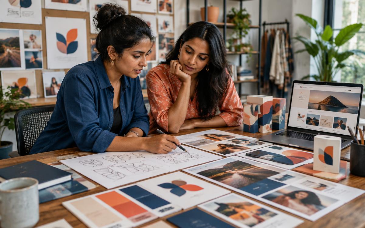 Designers comparing printed brand layouts, colour samples and logo concepts at a studio table