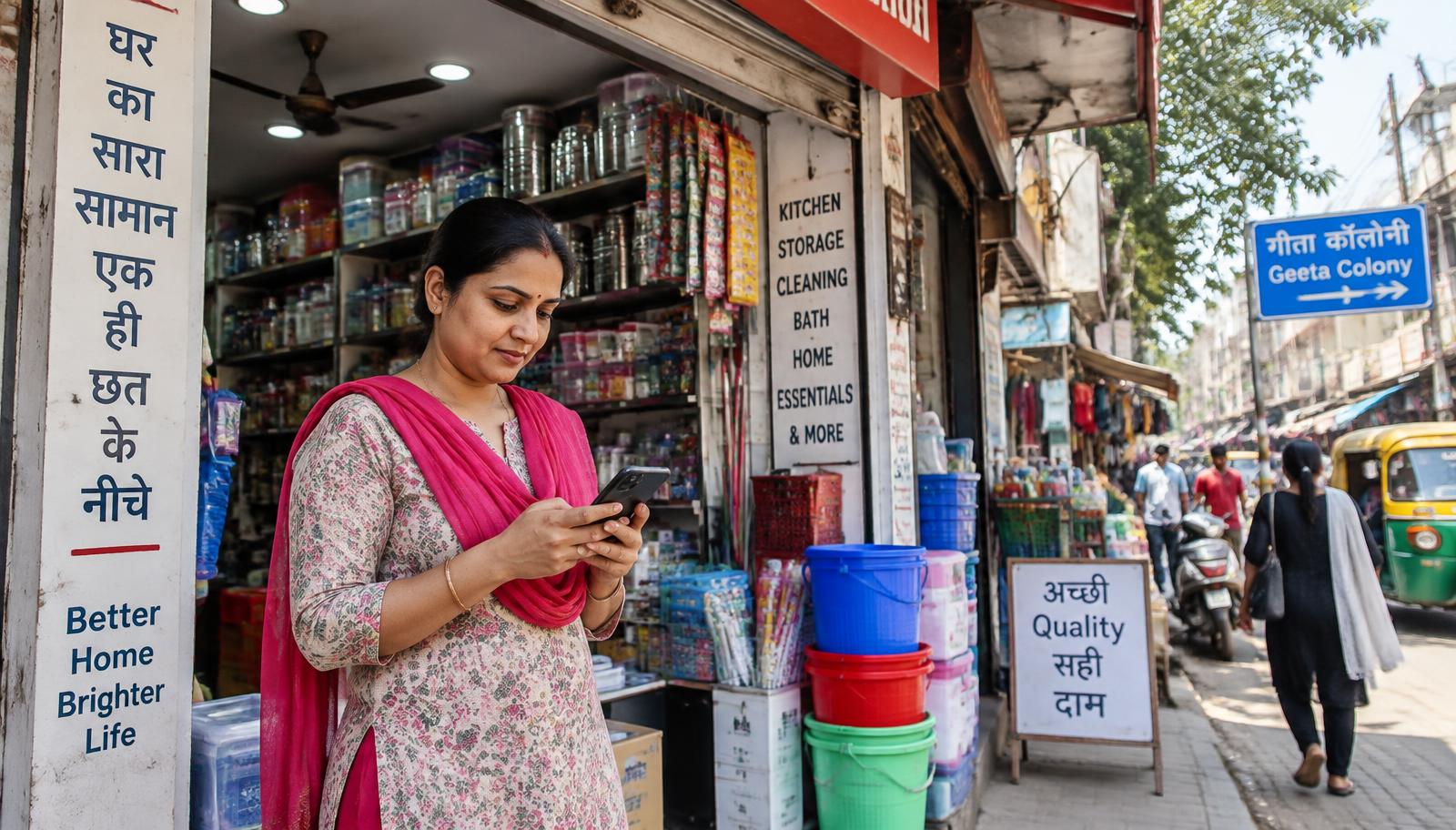 A Geeta Colony shop owner checking a customer enquiry on her phone outside her East Delhi store