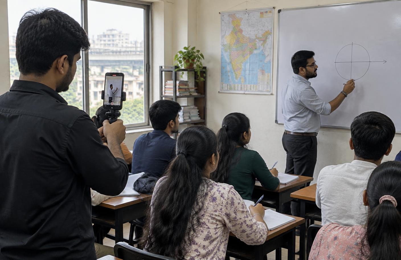 A Laxmi Nagar coaching centre recording an authentic classroom lesson for a short educational Reel