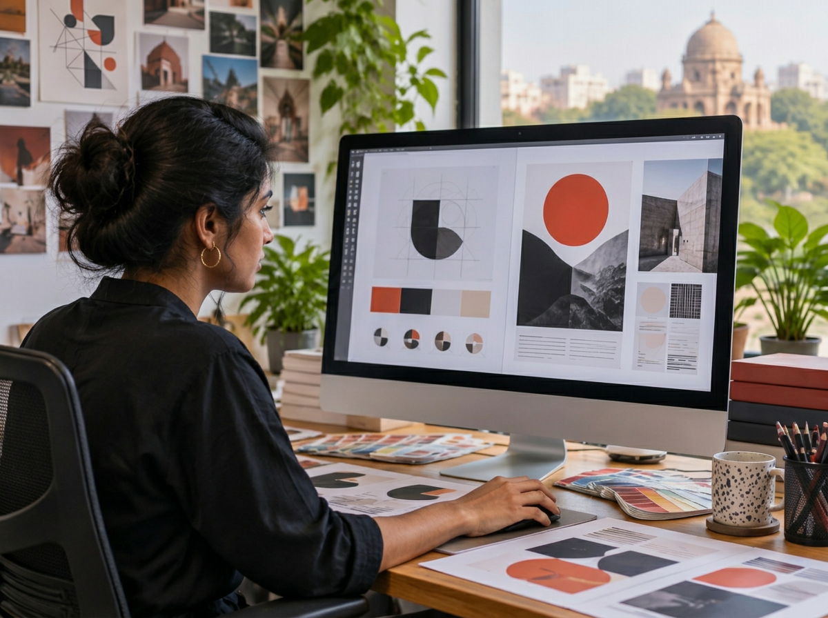 Graphic designer arranging campaign visuals, colour swatches and layouts on a desktop screen