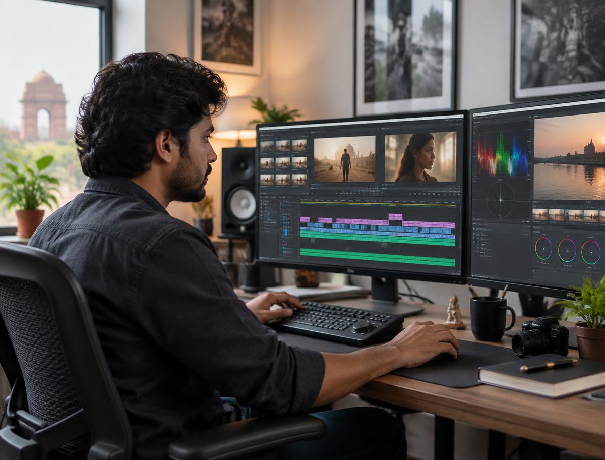 Video editor arranging clips and audio tracks on a dual-monitor editing workstation