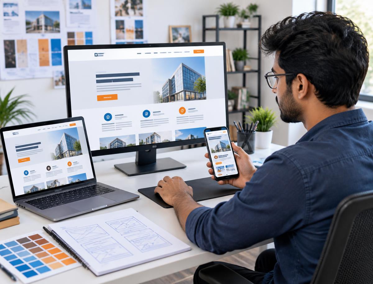 Website designer comparing desktop and mobile page layouts across multiple screens
